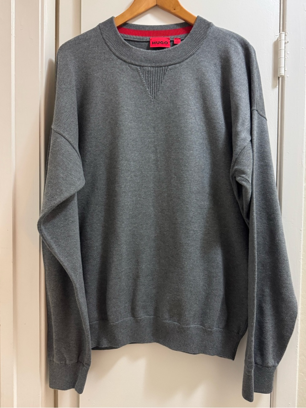 Hugo  Men’s Charcoal Gray Crewneck Sweatshirt with Red Accent